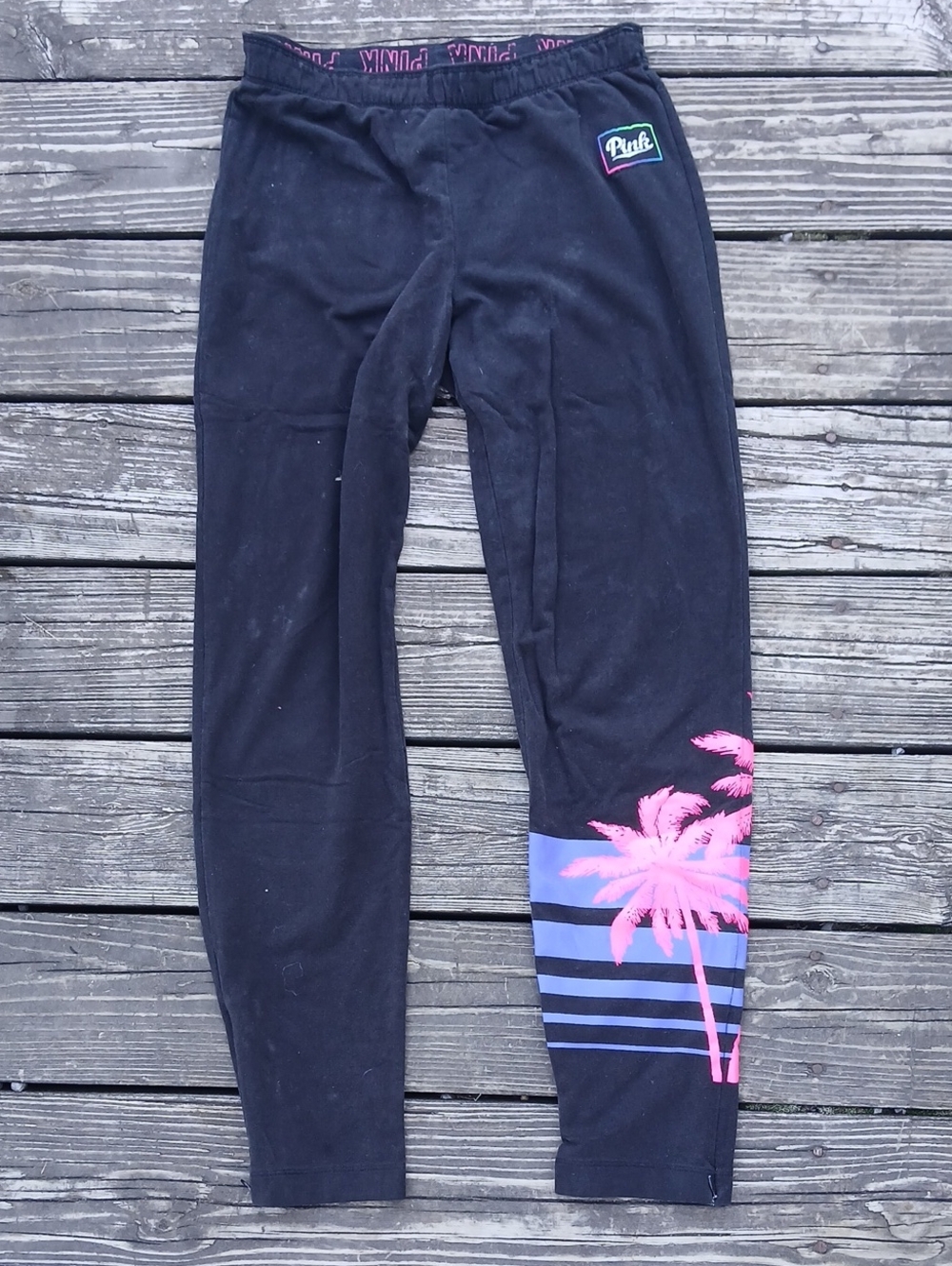 PINK Victoria's Secret Black Leggings with Pink Palm Tree and Blue Stripe